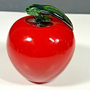 Hand Blown Glass  Lifelike Art Fruit - Red Apple With Green Leaf